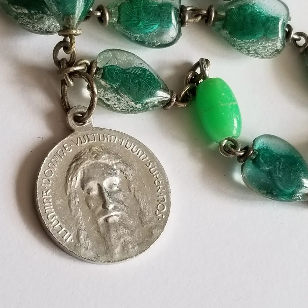 Vintage Saint Jude rosary bubble bead catholic lucite green silver gold tone